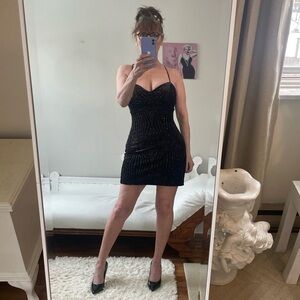 VINTAGE WINDSOR BLACK VELVET VELOUR DRESS SILVER GLITTER SPARKLE CORSET BACK